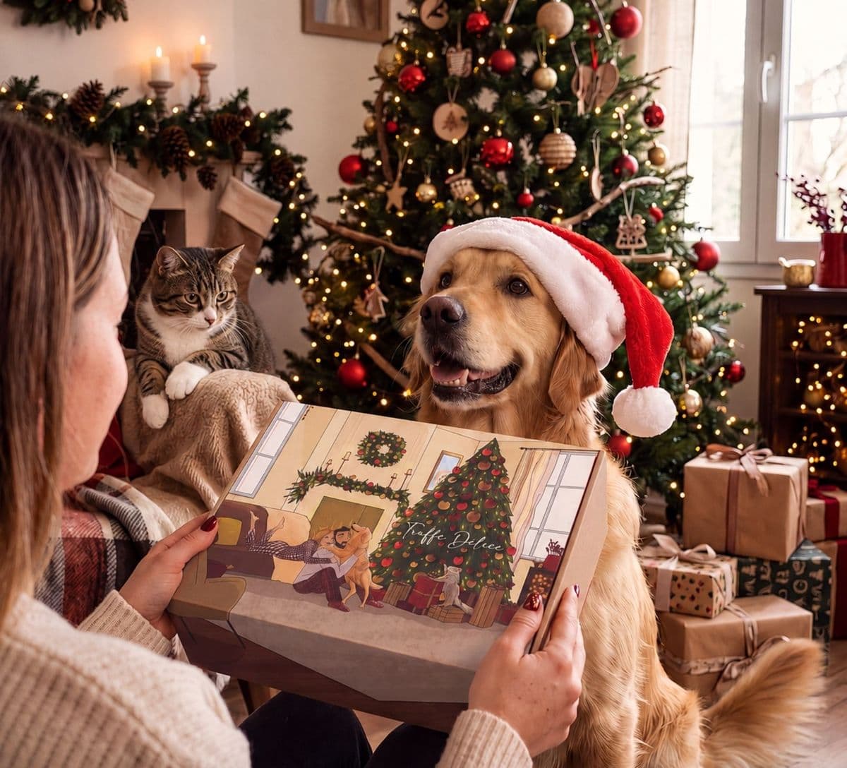 Une femme offre le Calendrier de l’Avent Truffe Délice à son golden retriever coiffé d’un bonnet de Noël, devant le sapin